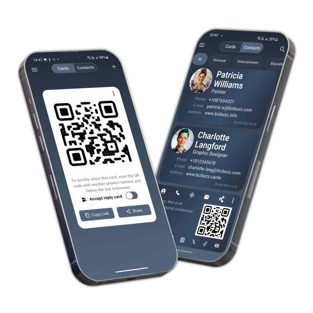BizBuzz mobile app showing digital business card with QR code