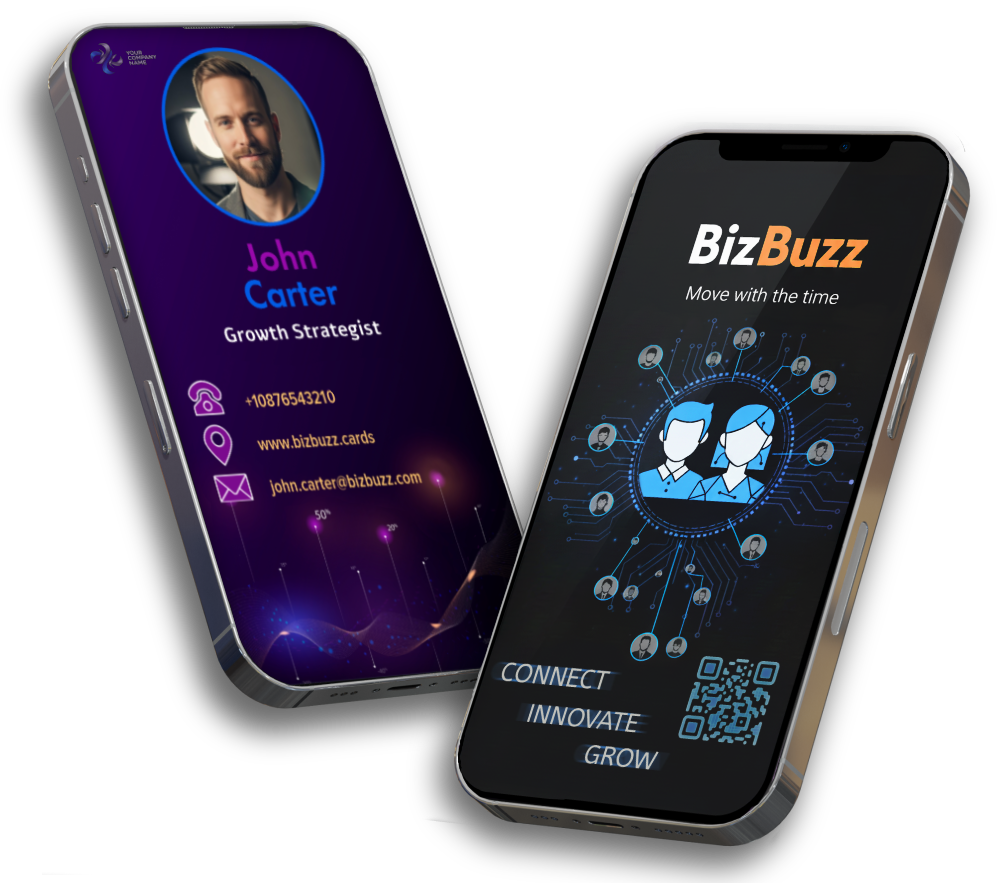 Two phones showing BizBuzz digital business cards with QR code sharing